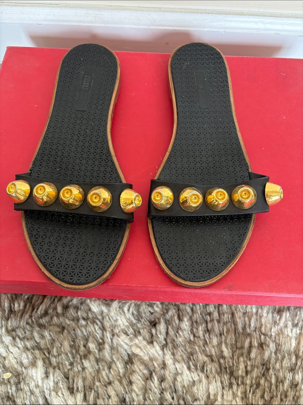 Miu Miu Maximalist Black Slide Sandals with Gold Stud Detailing size 8.5 / 38.5